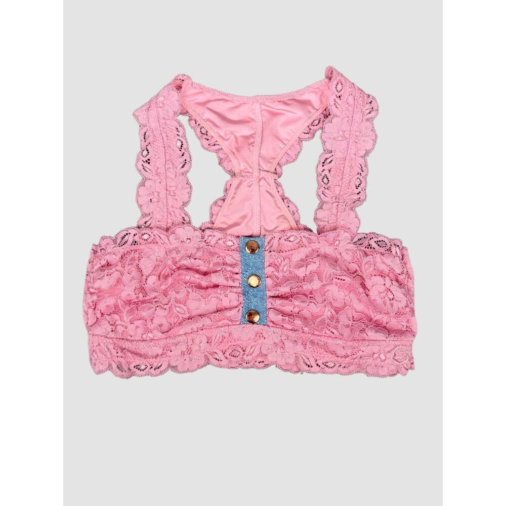California Kisses Dancewear Lace Crop Top Pink Denim Accent Bralette Small Adult